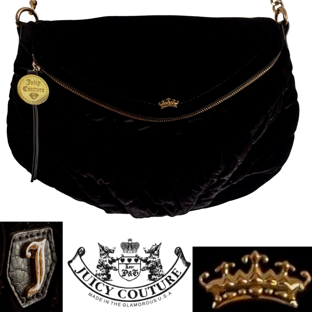 NWOT VINTAGE Juicy Couture Velvet Quilted Black Crossbody Fold Over Purse Bag